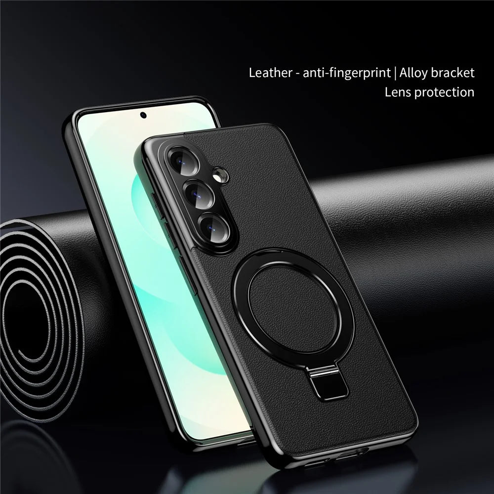 For Samsung Galaxy S26 Magnetic Case PC PU Leather Cover with 360° Rotating Kickstand + Tempered Glass Screen Protector - Black - 3