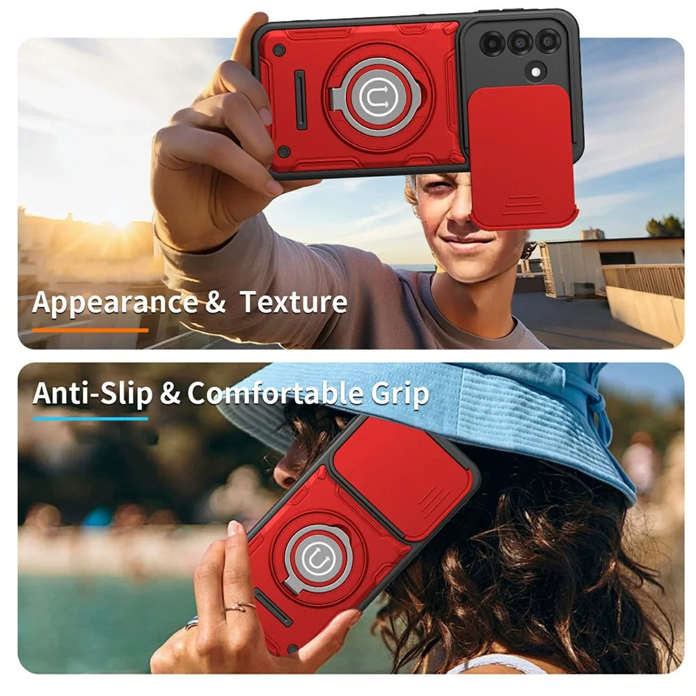 Phone Case with Slide Camera Cover For Samsung Galaxy A18 5G / A18 4G / A17 5G / A17 4G / A26 5G Ring Kickstand PC + TPU Shell - Red - 7
