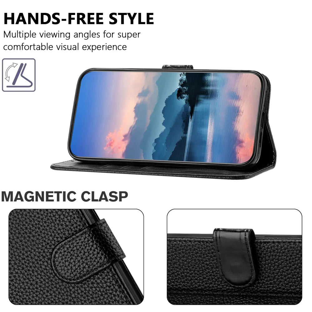 For iPhone 18 Pro Max / 17 Pro Max Leather Case Litchi Texture Wallet Stand Anti Drop Phone Cover with Wrist Strap - Black - 4