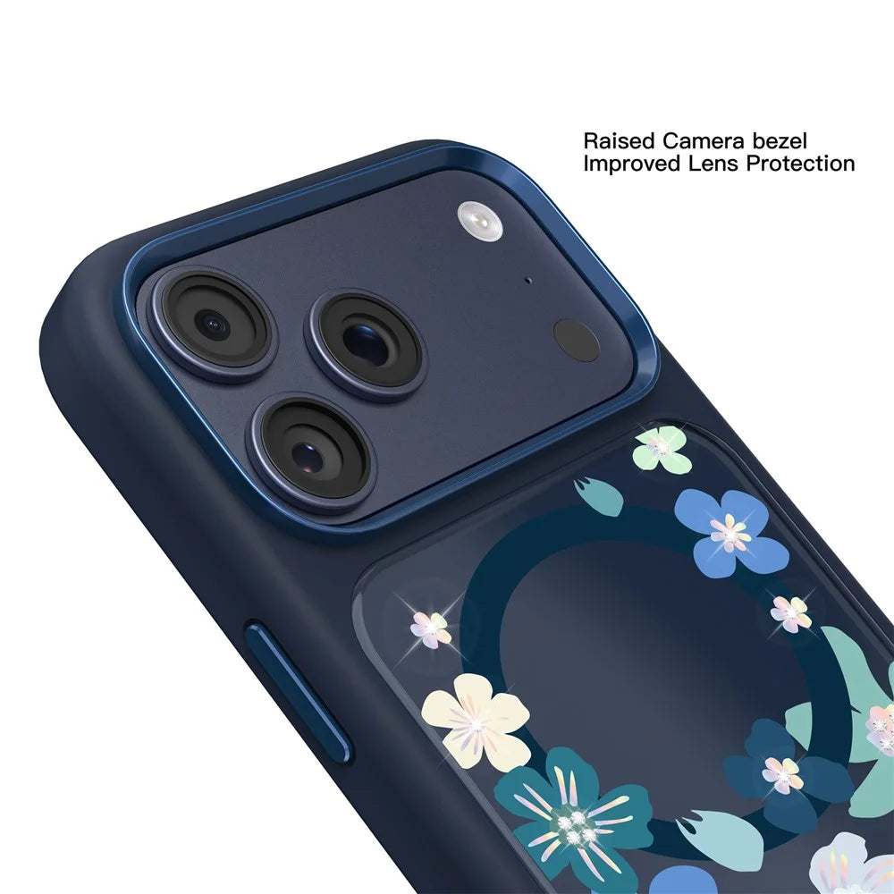 MUTURAL For iPhone 17 Pro Max Magnetic Case Flower Pattern Design Liquid Silicone + Glass + PC Phone Cover - Dark Blue - 6