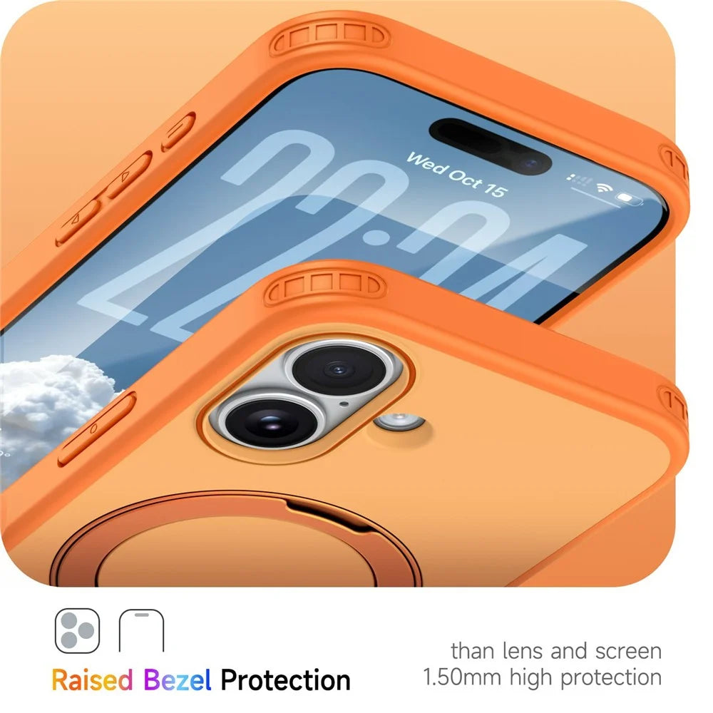 For iPhone 16 Magnetic Case Ring Holder Kickstand PC + TPU Dual-Layer Protective Phone Cover - Orange - 4