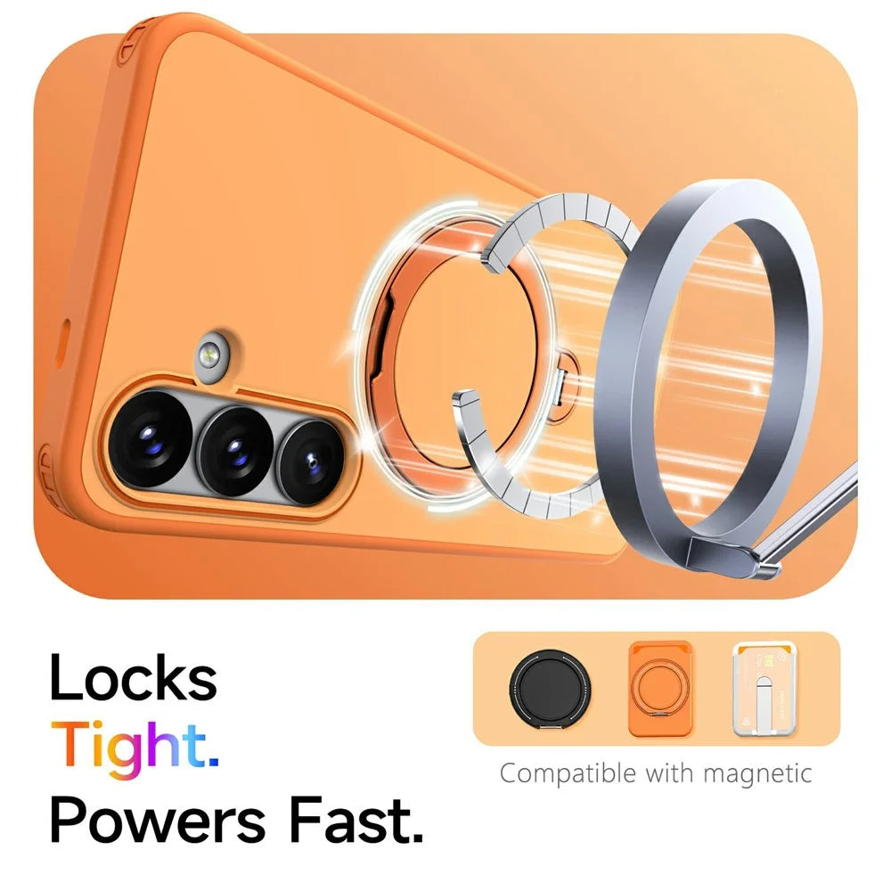 For Samsung Galaxy S25 FE Magnetic Case Ring Holder Kickstand PC + TPU Dual-Layer Protective Phone Cover - Orange - 2