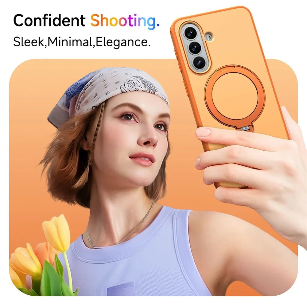 For Samsung Galaxy A26 5G Magnetic Case Ring Holder Kickstand PC + TPU Dual-Layer Protective Phone Cover - Orange - 5