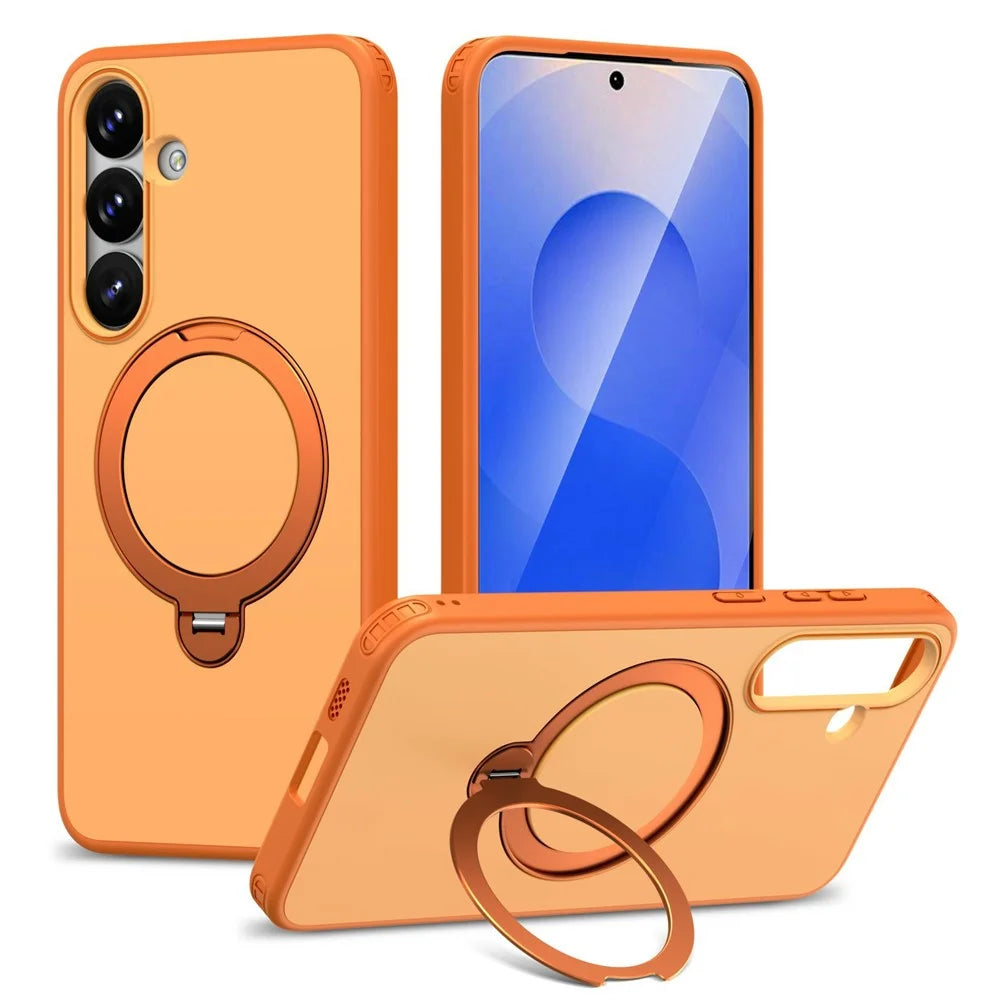 For Samsung Galaxy S24+ / S25+ Magnetic Case Ring Holder Kickstand PC + TPU Dual-Layer Protective Phone Cover - Orange - 1