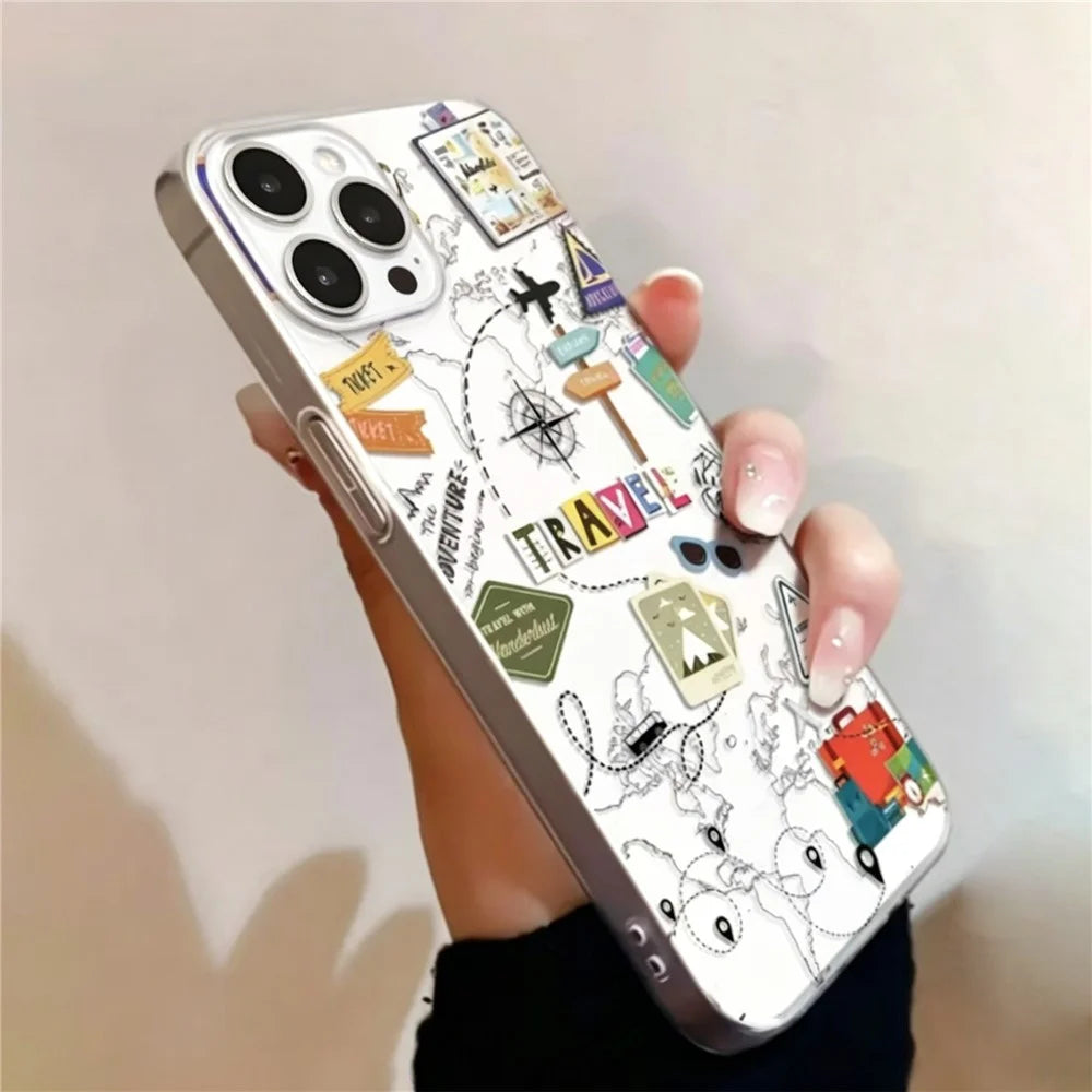 For iPhone 16 Pro Max Case Travel Map Aircraft Pattern Clear TPU Shockproof Phone Cover - Transparent - 1