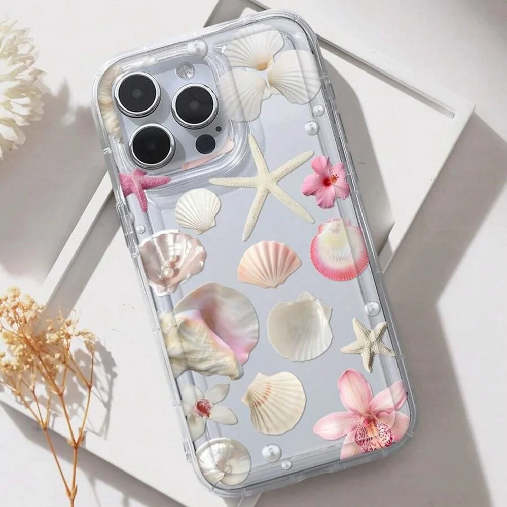 For iPhone 13 Case Floral Starfish Shell Pattern Clear TPU Protective Phone Cover - Pink - 3