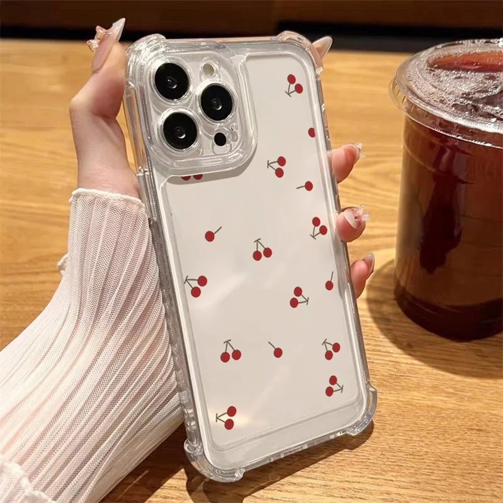 For iPhone 16 Pro Case Cherry Pattern Four Corner Protection Clear TPU Phone Cover - Cherry - 1