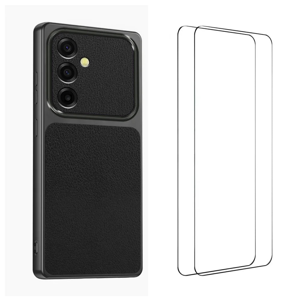 WANLONFENG for Samsung Galaxy A26 5G XYP Series Case Lambskin Texture PC TPU Precise Cutouts Phone Cover with 2Pcs Tempered Glass Film - Black - 1