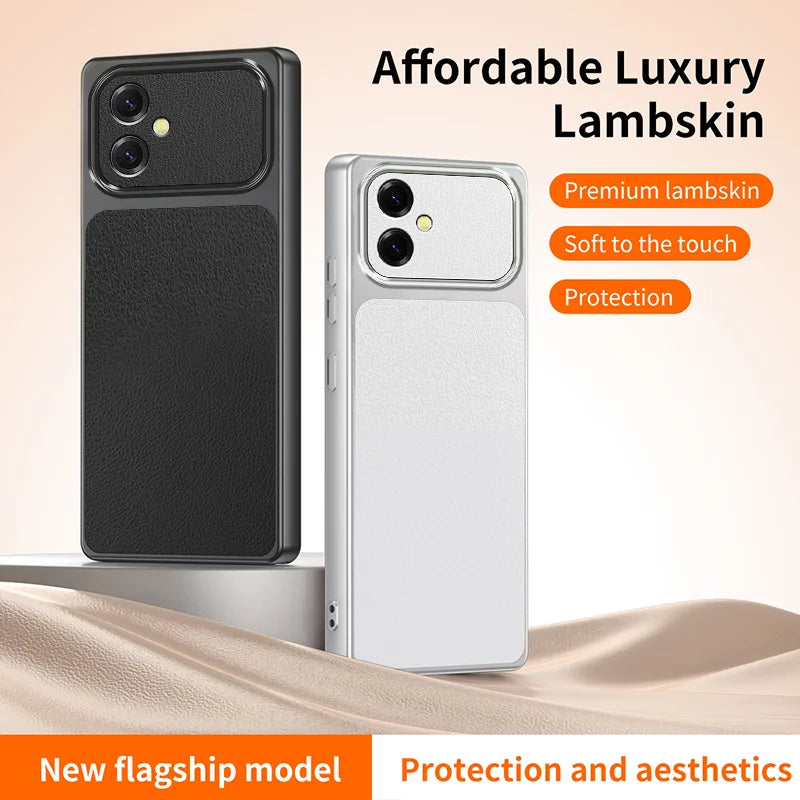 WANLONFENG for Samsung Galaxy A06 5G XYP Series Case Lambskin Texture PC TPU Precise Cutouts Phone Cover with 2Pcs Tempered Glass Film - Black - 2
