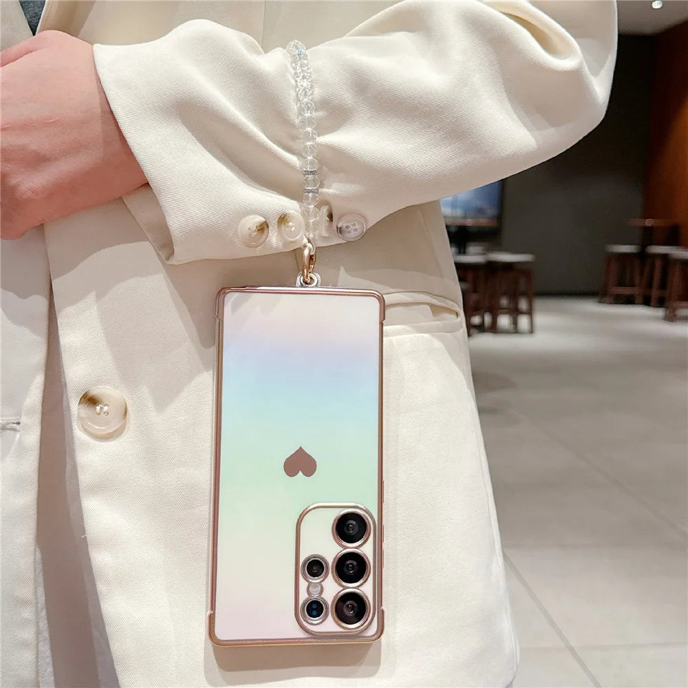 For Samsung Galaxy S25 Ultra Case Heart Pattern Iridescent Gradient TPU Phone Cover with Beaded Strap - Colorful White - 4