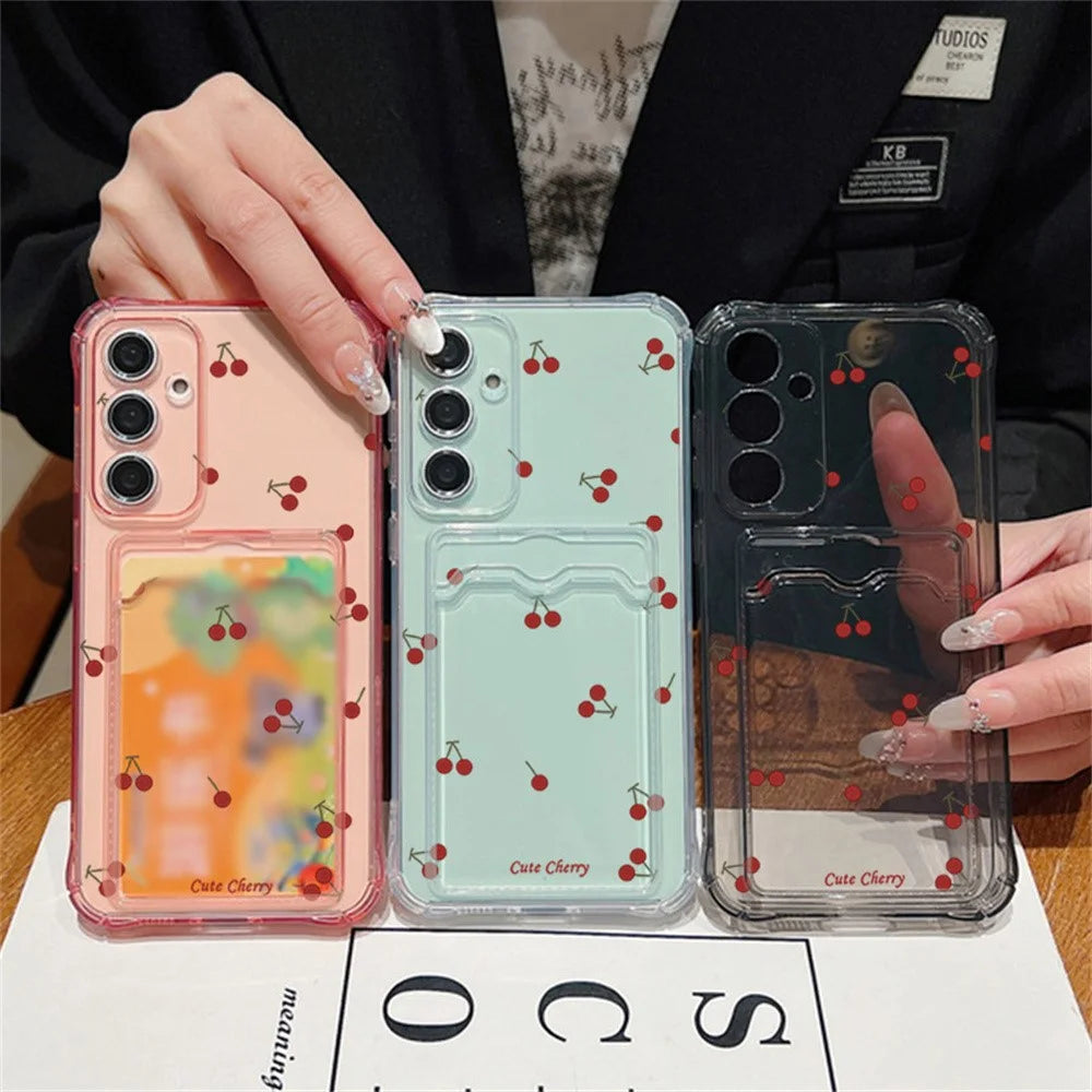 For Samsung Galaxy S26 Case Cherry Pattern Clear TPU Protective Phone Cover with Card Holder - A730G - 5