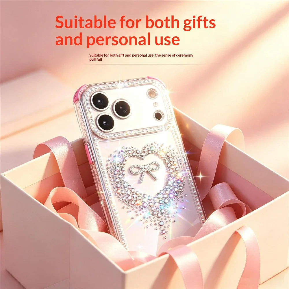 For iPhone 18 Pro Max / 17 Pro Max Case Rhinestone Design Heart Bow Aesthetic PC + TPU Corner Protection Phone Cover - Red - 2