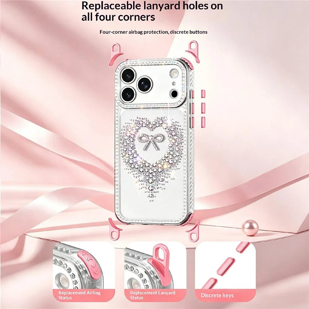 For iPhone 18 Pro Max / 17 Pro Max Case Rhinestone Design Heart Bow Aesthetic PC + TPU Corner Protection Phone Cover - Red - 6
