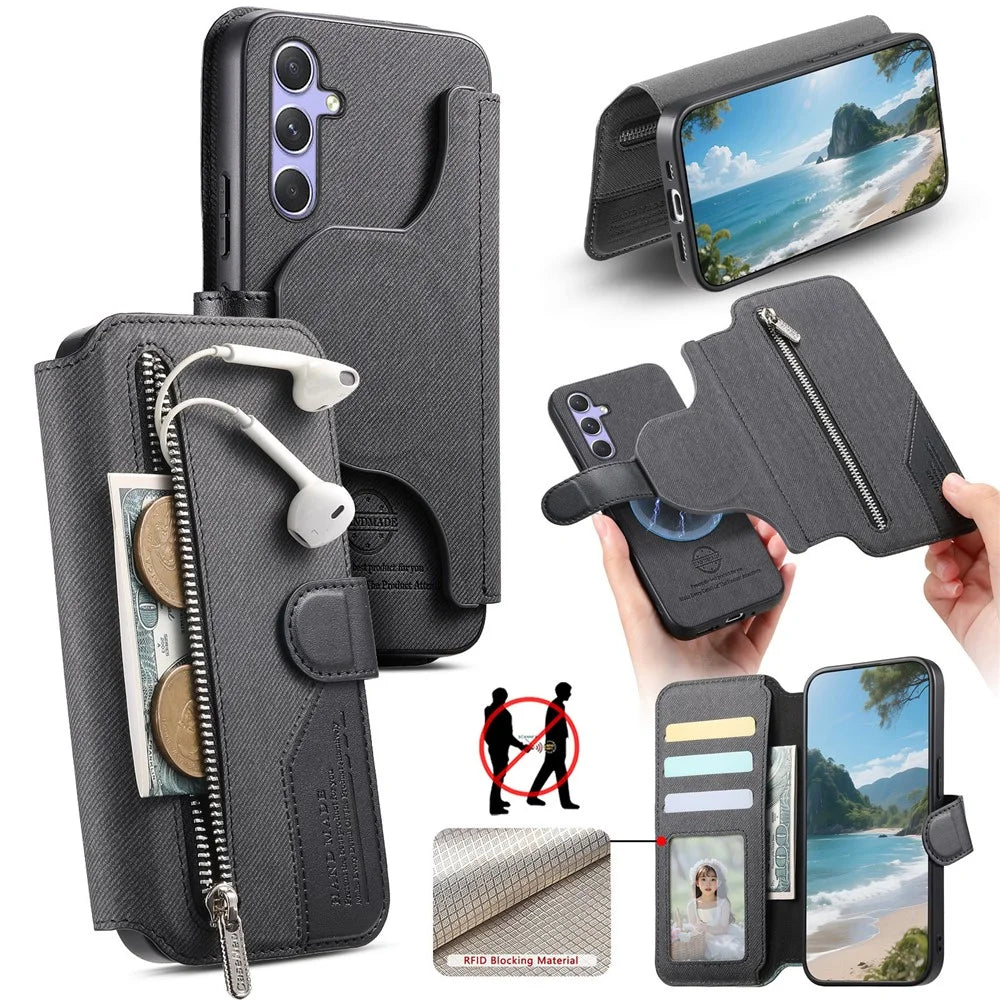 For Samsung Galaxy S25 FE Magnetic Case RFID Blocking Detachable Wallet Stand Cloth Texture Leather Phone Cover - Black - 1