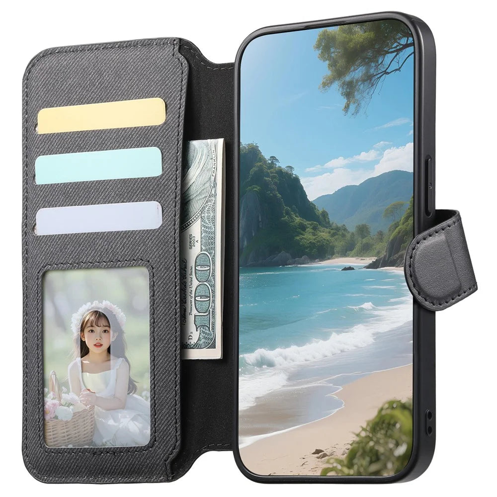 For OnePlus 15 5G Magnetic Case RFID Blocking Detachable Wallet Stand Cloth Texture Leather Phone Cover - Black - 2