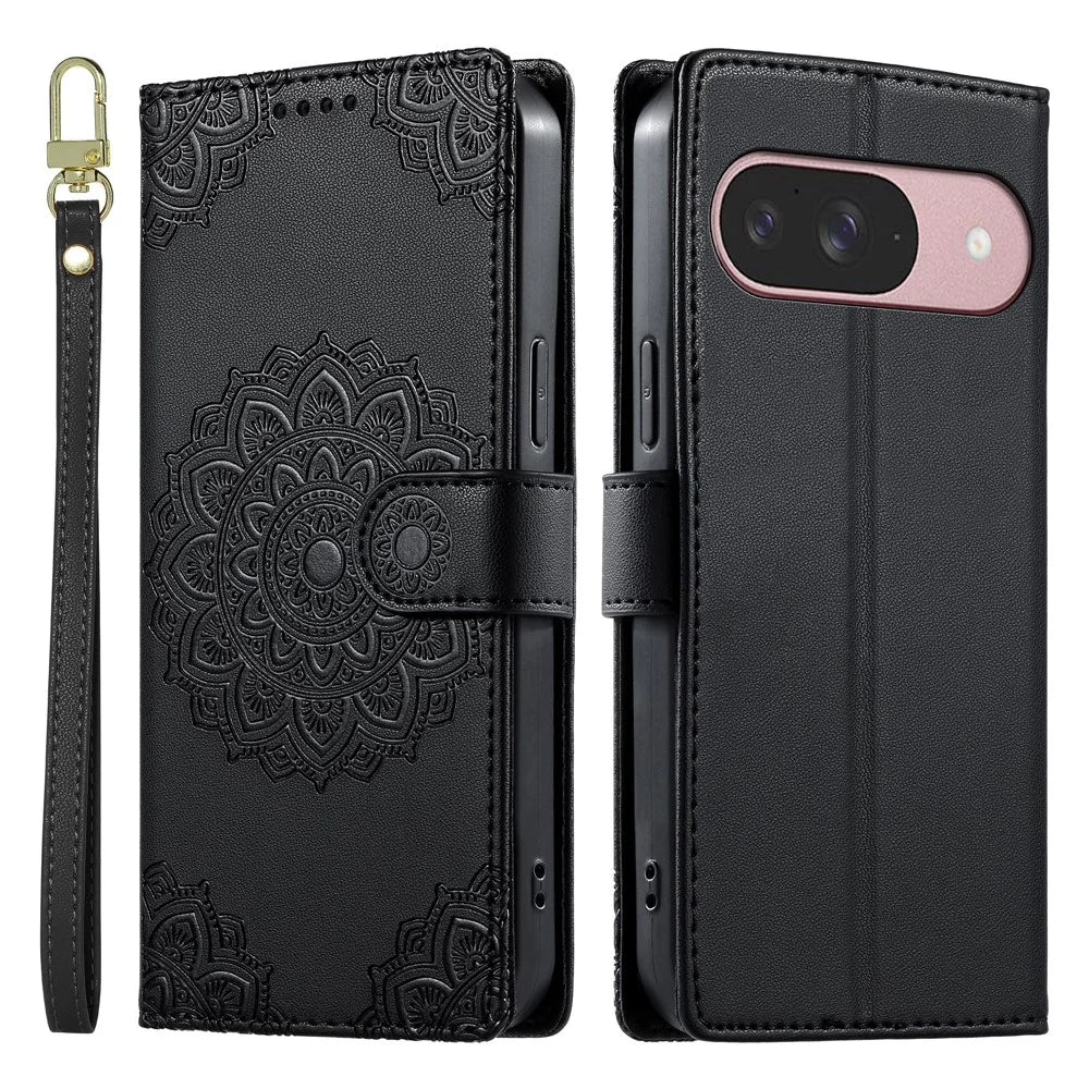 For Google Pixel 9 / 9 Pro / 10 / 10 Pro Case Embossed Totem Leather Flip Wallet Phone Cover with Wrist Strap - Black - 1