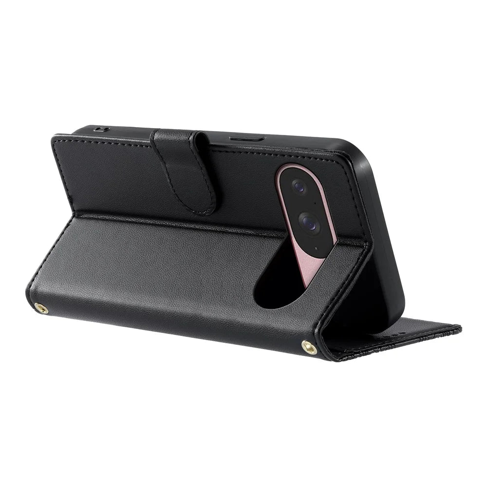 For Google Pixel 9 / 9 Pro / 10 / 10 Pro Case Embossed Totem Leather Flip Wallet Phone Cover with Wrist Strap - Black - 3