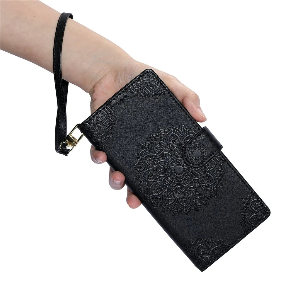 For Google Pixel 9 / 9 Pro / 10 / 10 Pro Case Embossed Totem Leather Flip Wallet Phone Cover with Wrist Strap - Black - 4