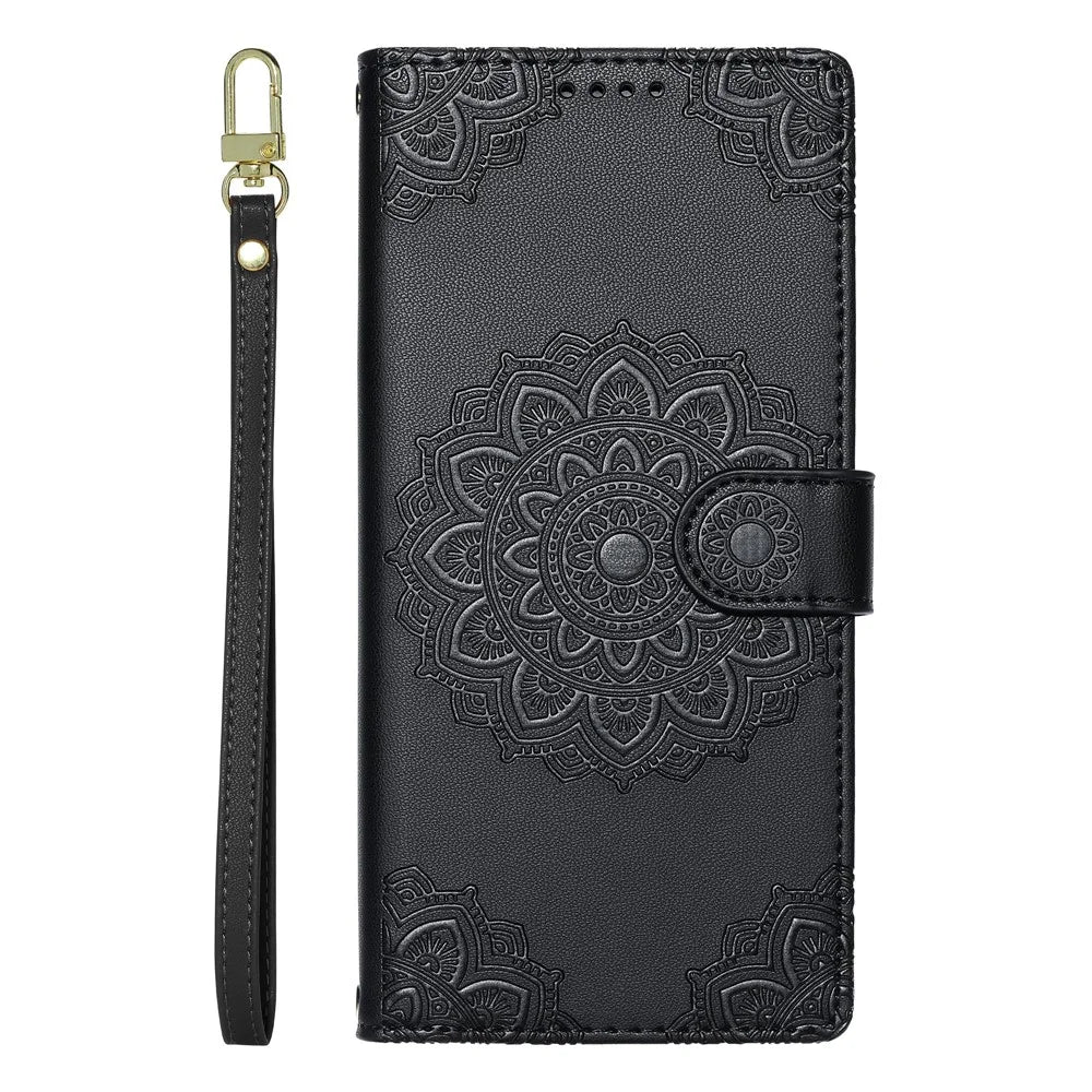 For Google Pixel 9 / 9 Pro / 10 / 10 Pro Case Embossed Totem Leather Flip Wallet Phone Cover with Wrist Strap - Black - 5