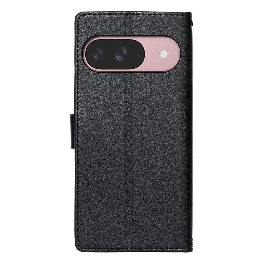 For Google Pixel 9 / 9 Pro / 10 / 10 Pro Case Embossed Totem Leather Flip Wallet Phone Cover with Wrist Strap - Black - 6