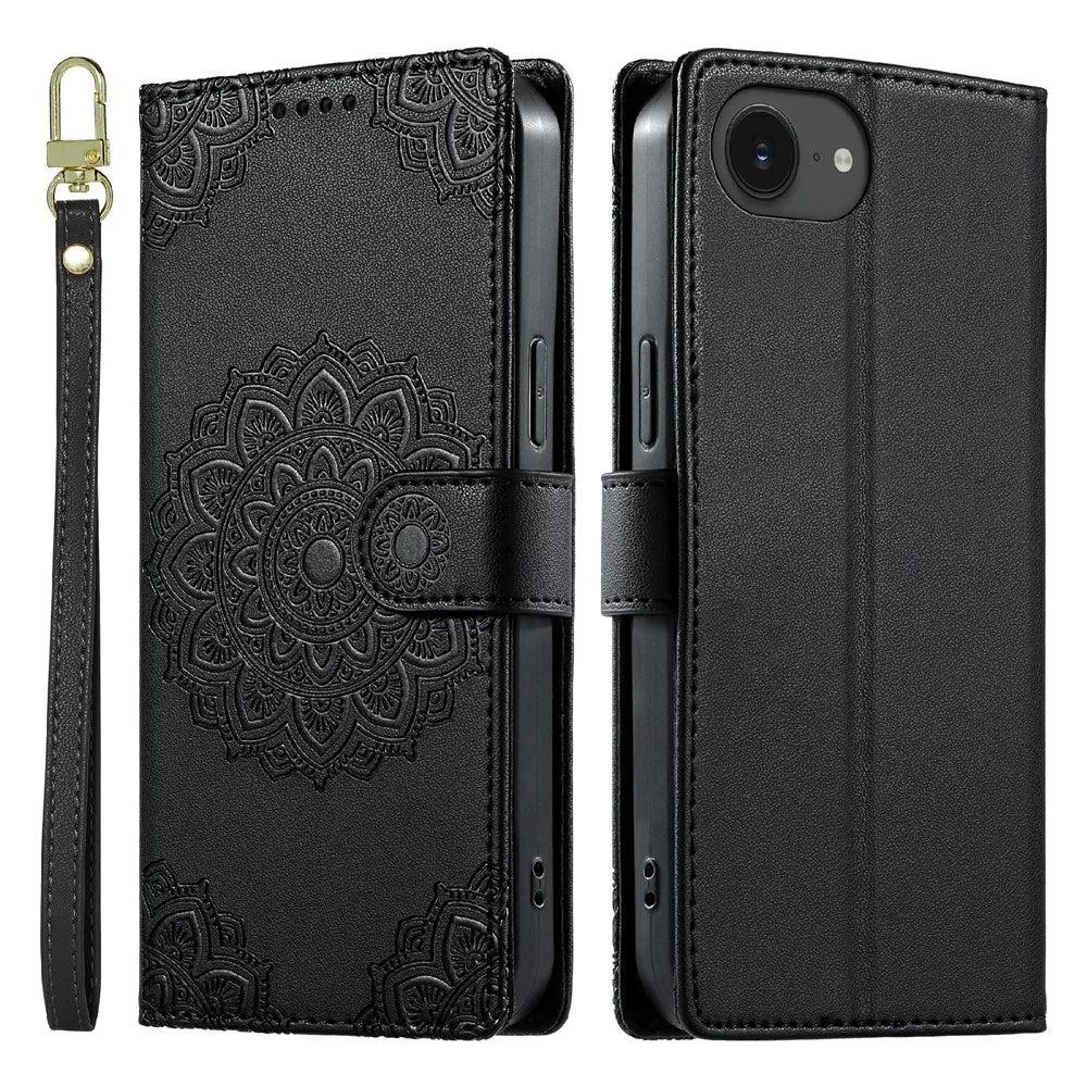 For iPhone 17e / 16e Case Embossed Totem Leather Flip Wallet Phone Cover with Wrist Strap - Black - 1