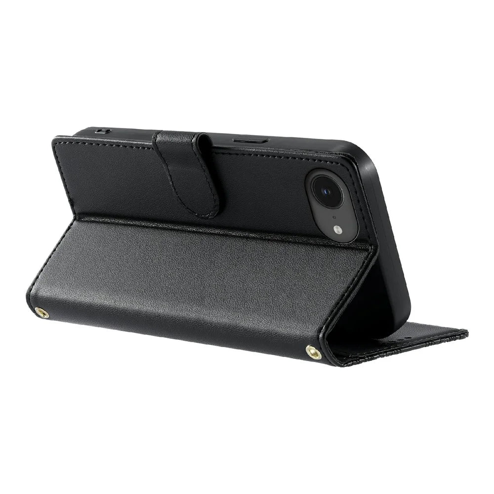 For iPhone 17e / 16e Case Embossed Totem Leather Flip Wallet Phone Cover with Wrist Strap - Black - 3