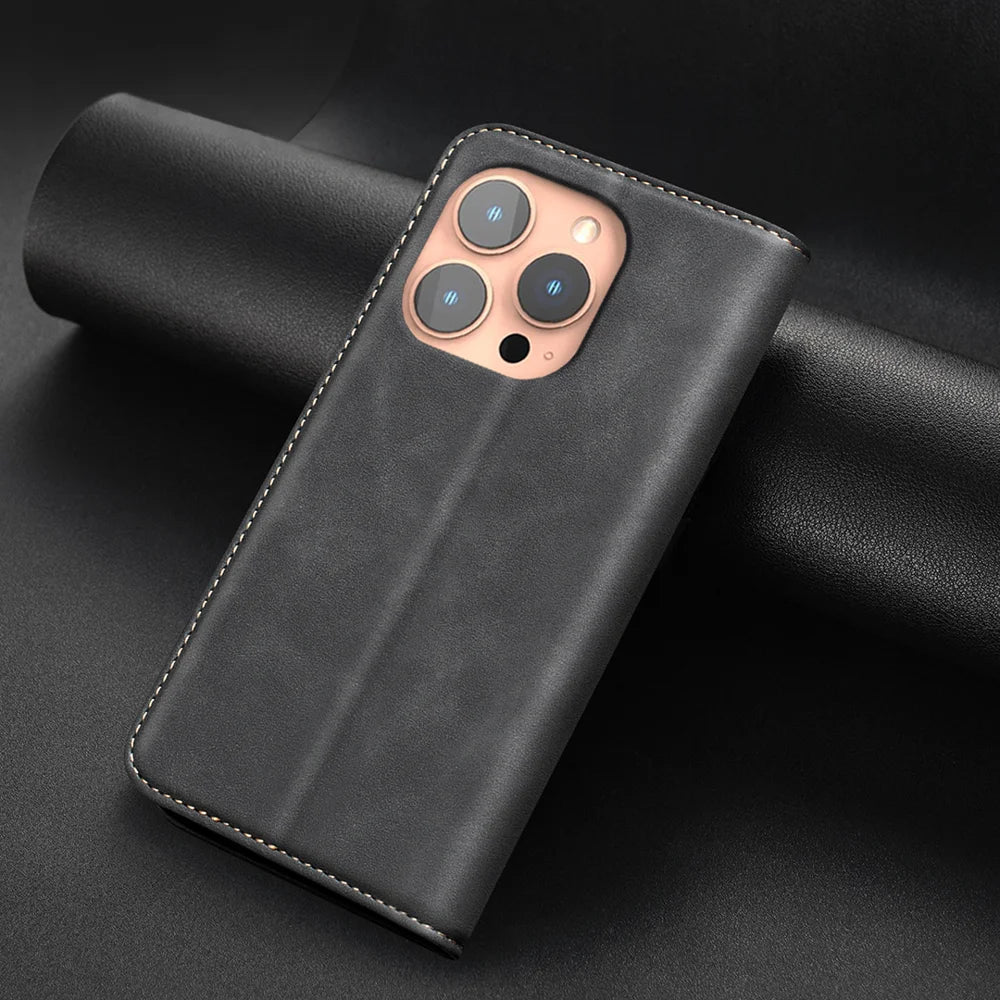 BINFEN COLOR for iPhone 15 Pro Max RFID Blocking Calf Texture PU Leather Phone Cover - Black - 5