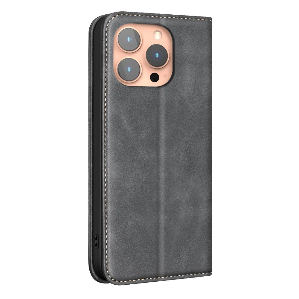 BINFEN COLOR for iPhone 13 Pro RFID Blocking Calf Texture PU Leather Phone Cover - Black - 3