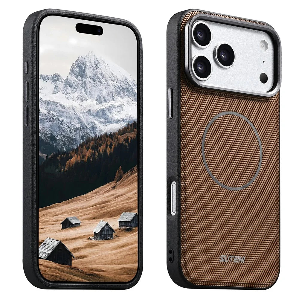 SUTENI G8 for iPhone 17 Pro Magnetic Case Triangle Texture Leather + TPU Phone Back Cover - Gold - 1