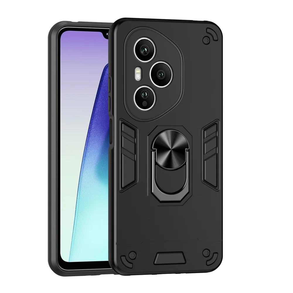 WANLONFENG for Honor 400 Pro 5G (Global) YS Series Case Kicktand Shockproof PC TPU Phone Cover with 2Pcs Tempered Glass Film - Black - 2