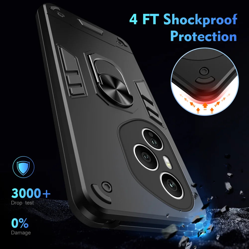WANLONFENG for Honor 400 Pro 5G (Global) YS Series Case Kicktand Shockproof PC TPU Phone Cover with 2Pcs Tempered Glass Film - Black - 5