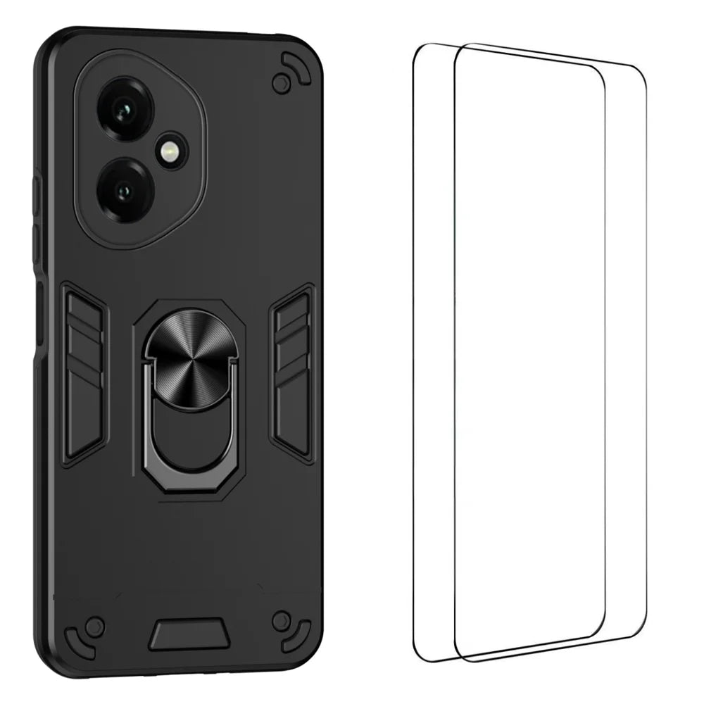WANLONFENG for Honor 400 5G (Global) YS Series Case Kicktand Shockproof PC TPU Phone Cover with 2Pcs Tempered Glass Film - Black - 1