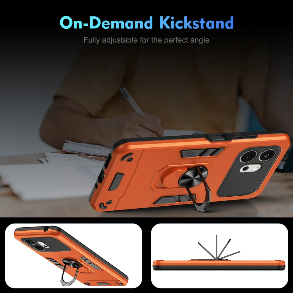 WANLONFENG for Honor 600 5G YS Series Case Kicktand Shockproof PC TPU Phone Cover with 2Pcs Tempered Glass Film - Orange - 7