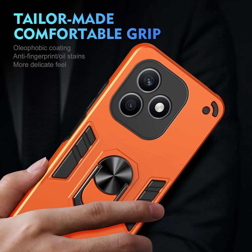 WANLONFENG for Honor X8d 4G YS Series Case Kicktand Shockproof PC TPU Phone Cover with 2Pcs Tempered Glass Film - Orange - 6