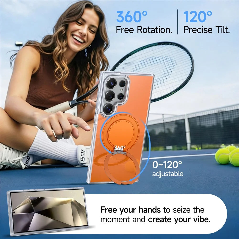 For Samsung Galaxy S24 Ultra Case Rotating Ring Holder Kickstand TPU + Acrylic Shockproof Phone Cover - Orange - 6