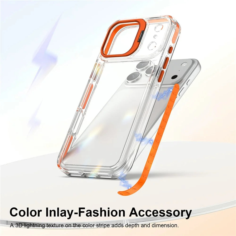 For iPhone 17 Pro Max Case Metal Camera Kickstand Shockproof Clear PC + TPU Phone Cover - Transparent Orange - 3