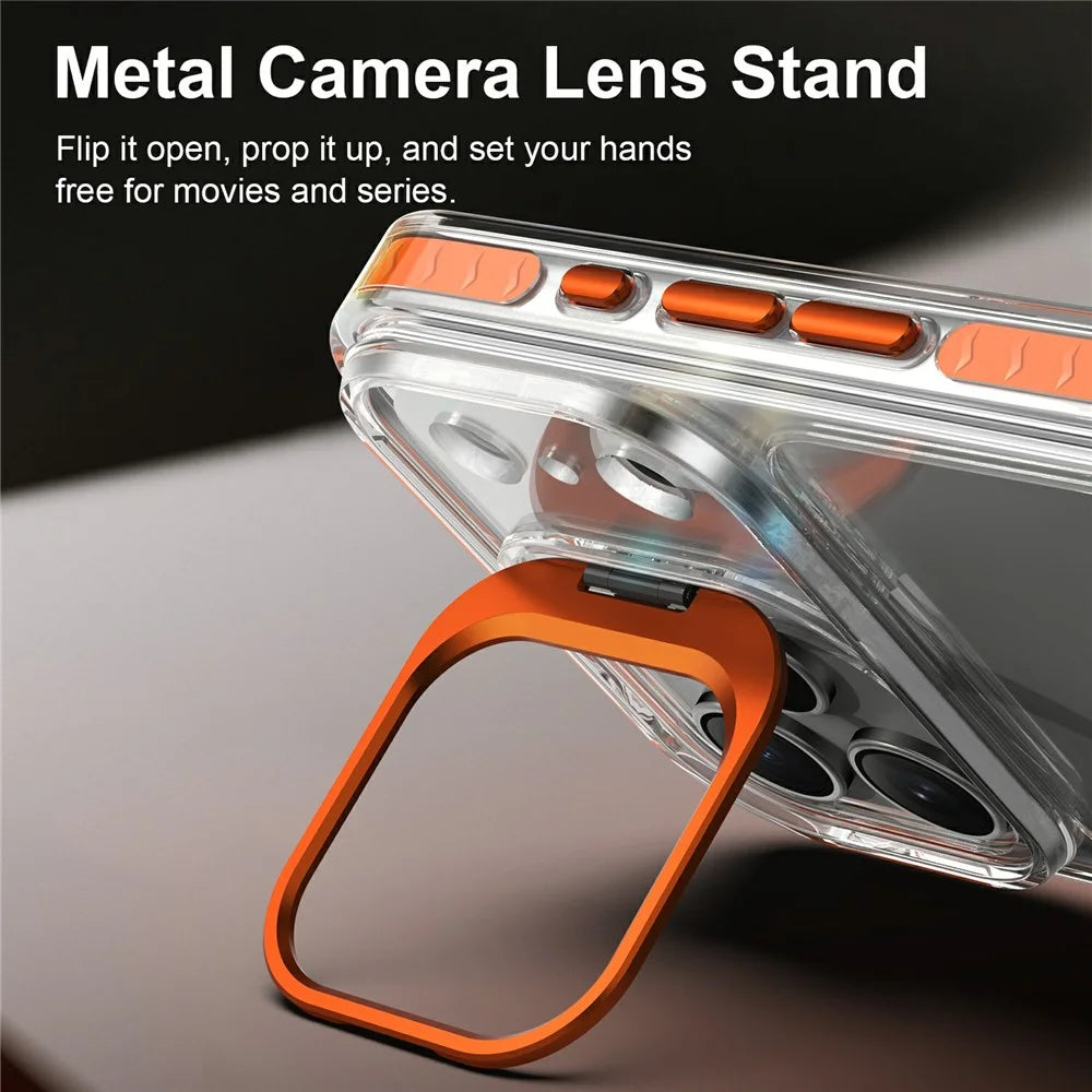 For iPhone 17 Pro Max Case Metal Camera Kickstand Shockproof Clear PC + TPU Phone Cover - Transparent Orange - 4