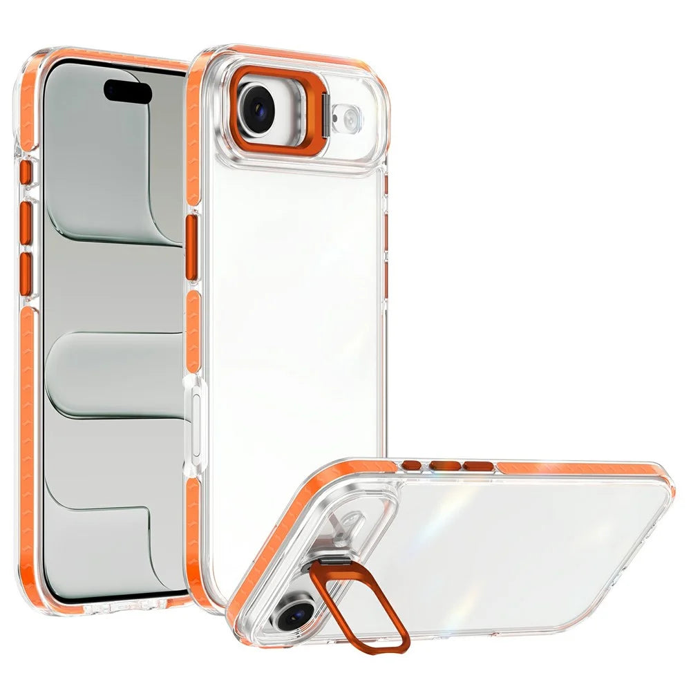 For iPhone Air Case Metal Camera Kickstand Shockproof Clear PC + TPU Phone Cover - Transparent Orange - 1
