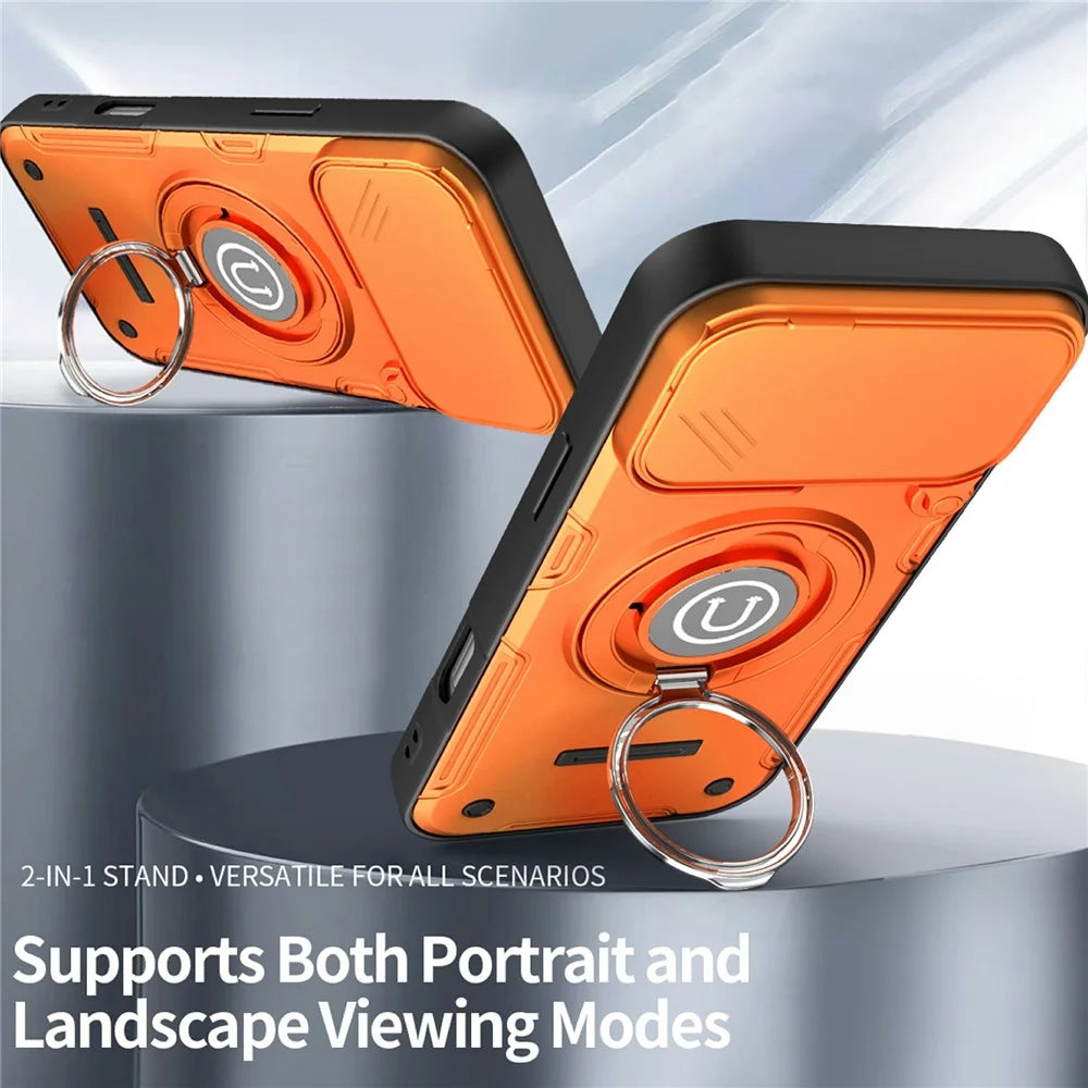 For iPhone 17 Pro Case Sliding Camera Cover Ring Kickstand PC + TPU Phone Shell with Tempered Glass Film - Orange - 4