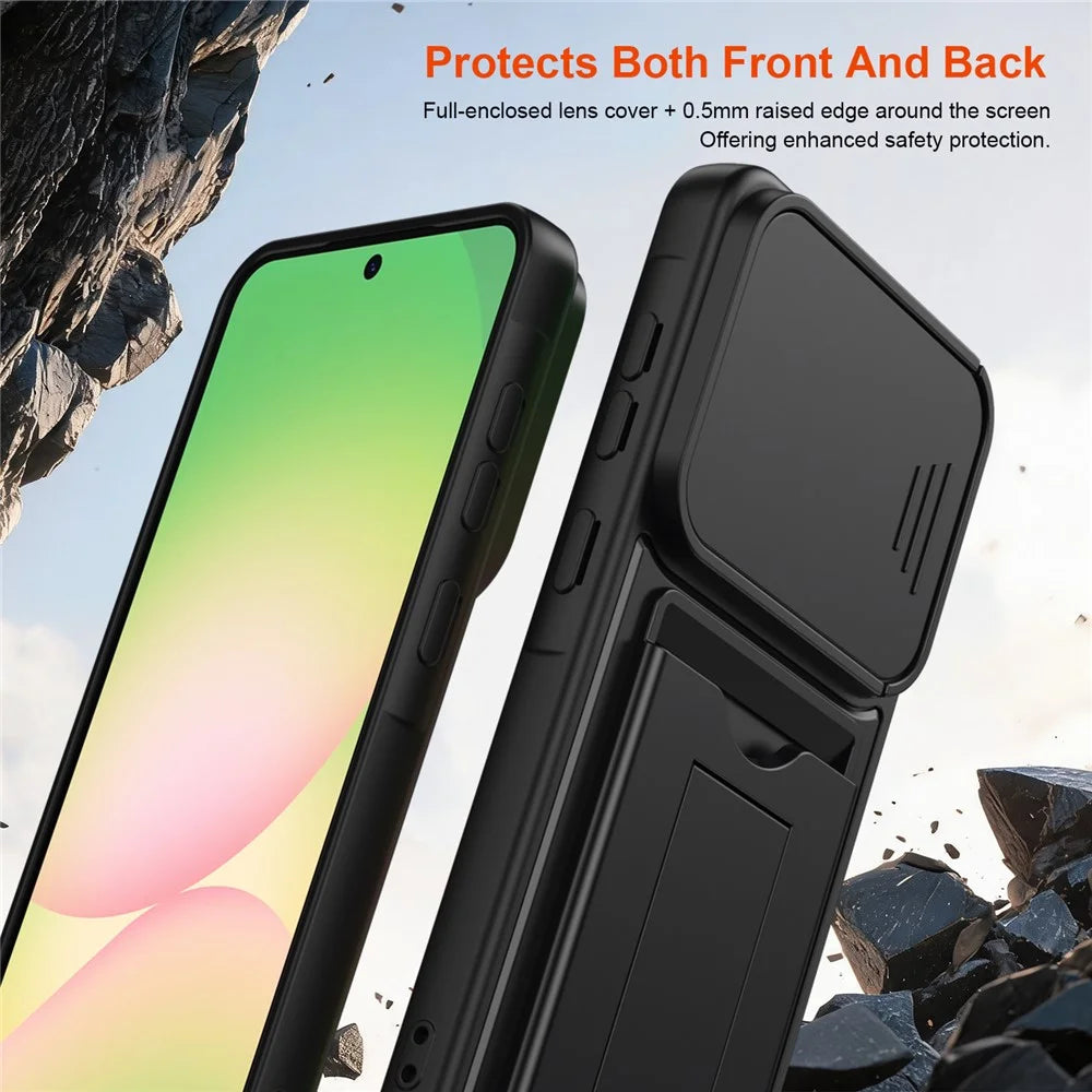 For Samsung Galaxy A36 5G Case Slide Camera Cover Kickstand PC + TPU Phone Shell with Card Holder - Black - 7