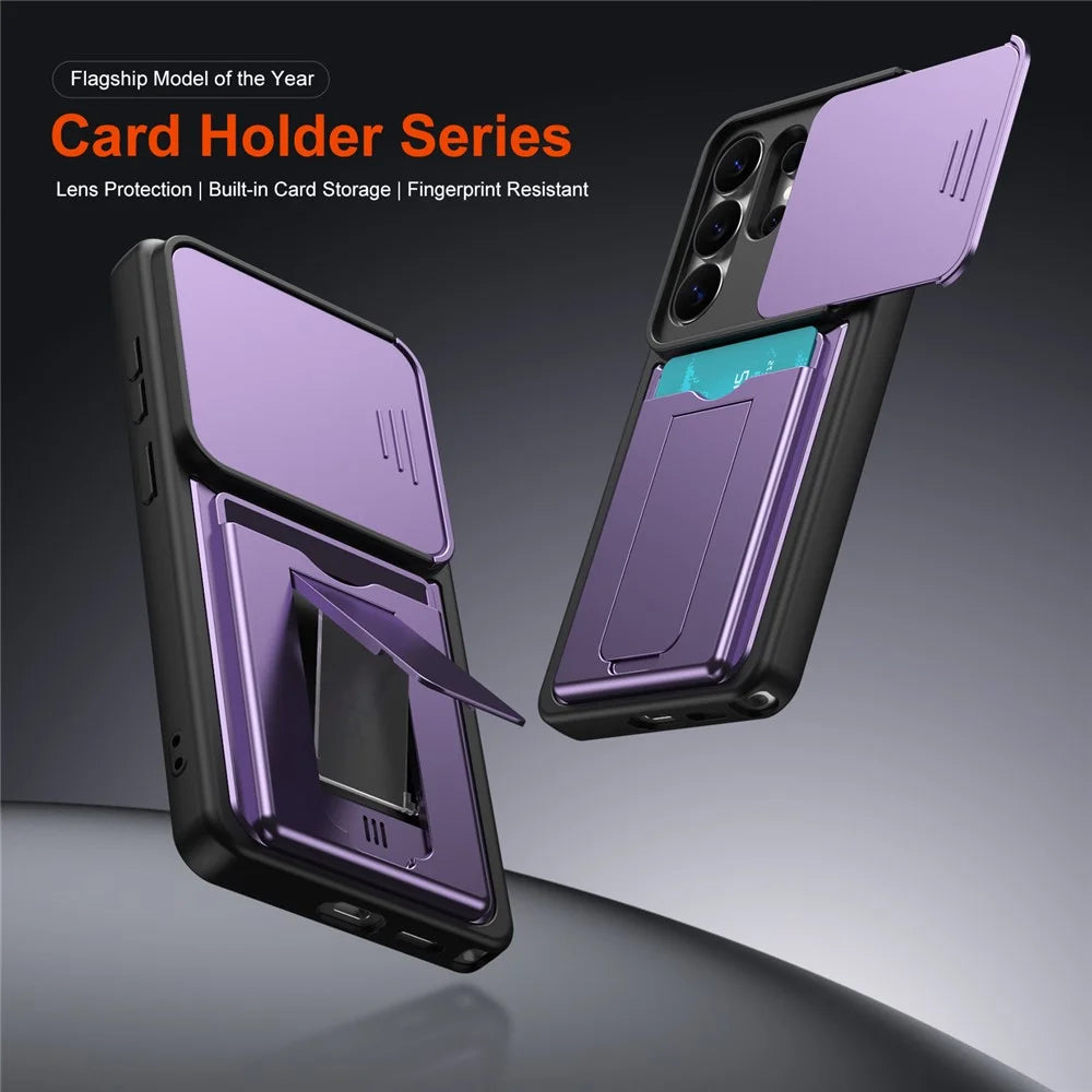 For Samsung Galaxy S26 Ultra Case Slide Camera Cover Kickstand PC + TPU Phone Shell with Card Holder - Purple - 2