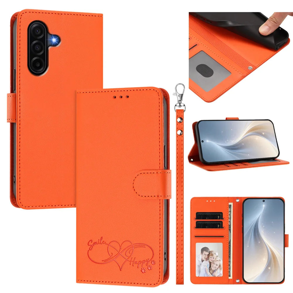 For Samsung Galaxy A36 5G / Galaxy A56 5G / Galaxy A37 5G Case PU Leather Heart Pattern Wallet Flip Phone Cover with Hand Strap - Orange - 2