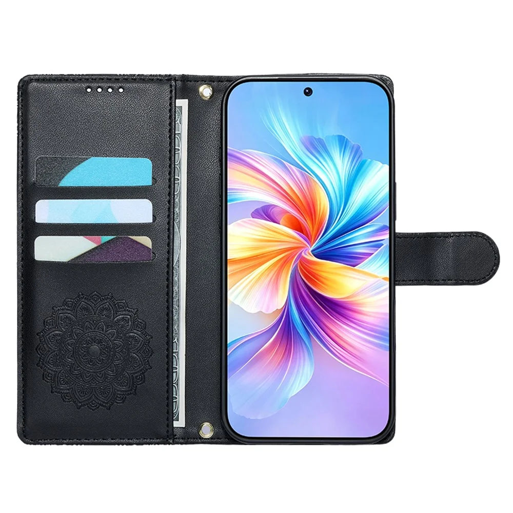 For Samsung Galaxy S26 FE Case Embossed Totem Leather Flip Wallet Phone Cover with Wrist Strap - Black - 2