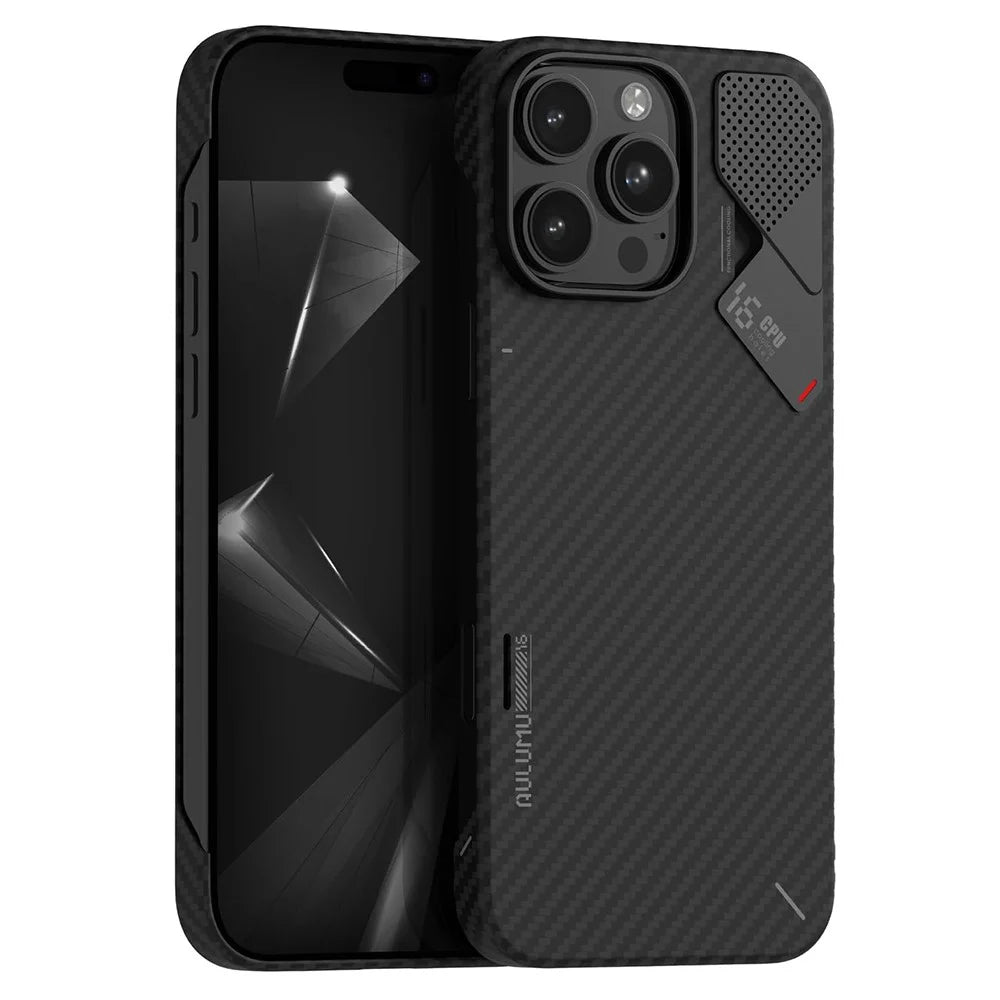 AULUMU For iPhone 16 Pro Aramid Fiber Case Ultra Thin Magnetic Phone Cover with Real-Time Temperature Monitoring - Black - 1