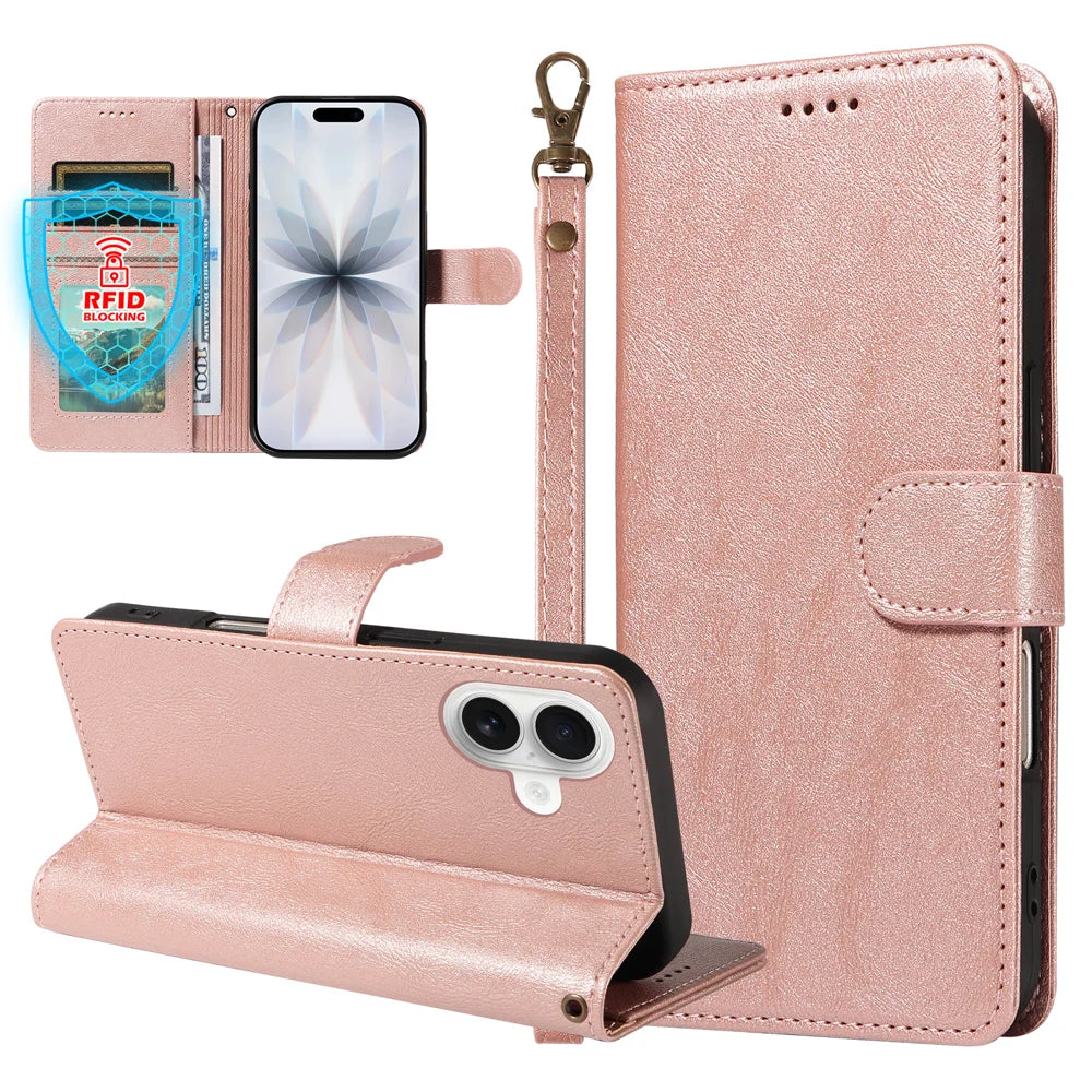 For iPhone 18 / iPhone 17 Case with Wrist Strap RFID Blocking Wallet Cowhide Texture Leather Phone Cover - Rose Gold - 3