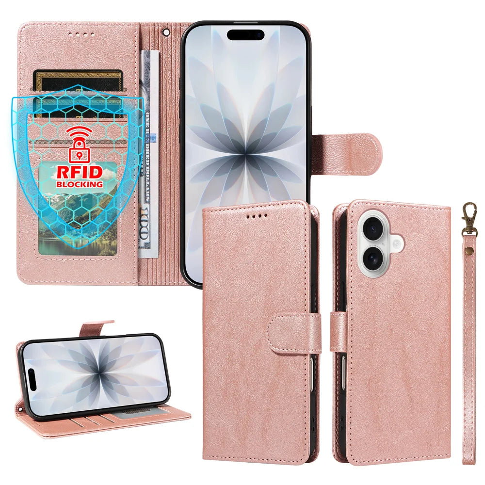 For iPhone 18 / iPhone 17 Case with Wrist Strap RFID Blocking Wallet Cowhide Texture Leather Phone Cover - Rose Gold - 4
