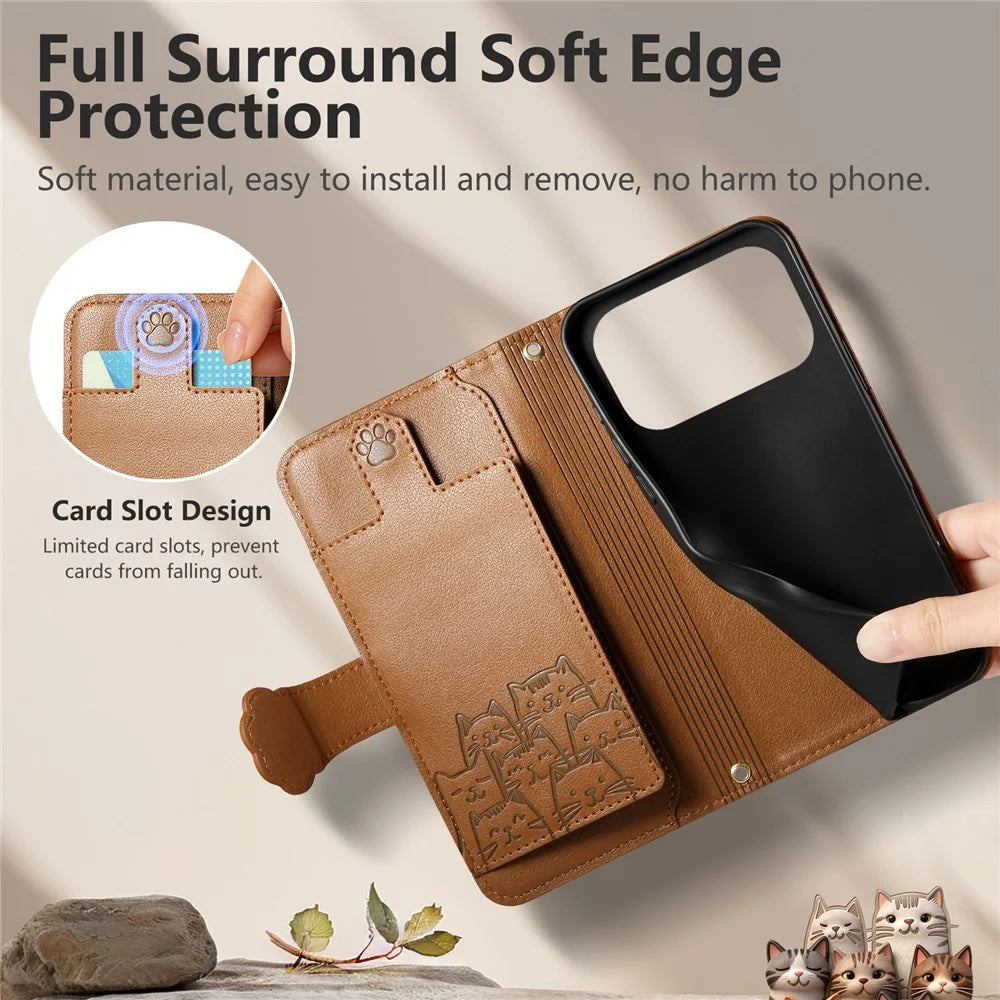 For iPhone 18 Pro Max / 17 Pro Max Leather Case Cartoon Cat Pattern Wallet Stand Phone Cover with Wrist Strap - Brown - 4