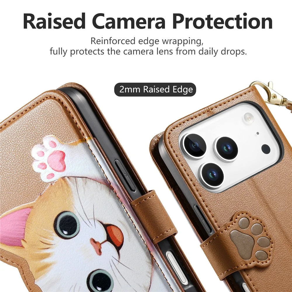 For iPhone 18 Pro Max / 17 Pro Max Leather Case Cartoon Cat Pattern Wallet Stand Phone Cover with Wrist Strap - Brown - 5