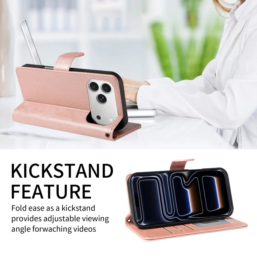 For iPhone 18 Pro Max / iPhone 17 Pro Max Case with Wrist Strap RFID Blocking Wallet Cowhide Texture Leather Phone Cover - Rose Gold - 2