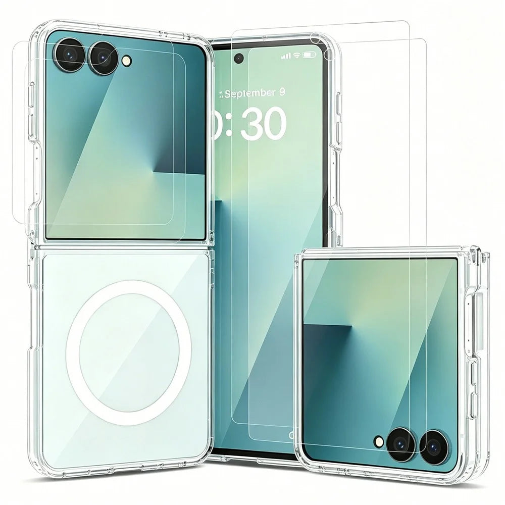 For Samsung Galaxy Z Flip8 Magnetic Case PC + TPU Clear Phone Cover + 2Pcs Outer Screen Tempered Glass Film + 2Pcs Inner Screen Hydrogel Film - Transparent - 1